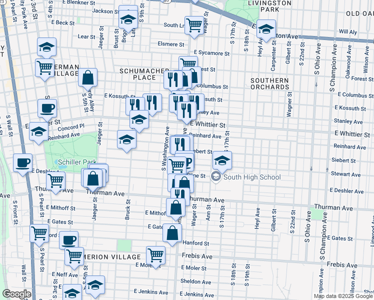 map of restaurants, bars, coffee shops, grocery stores, and more near 1058 Parsons Avenue in Columbus