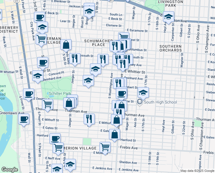map of restaurants, bars, coffee shops, grocery stores, and more near in Columbus