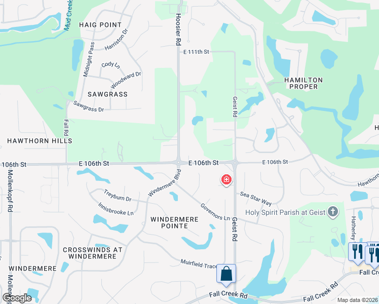 map of restaurants, bars, coffee shops, grocery stores, and more near 11354 East 106th Street in Fishers