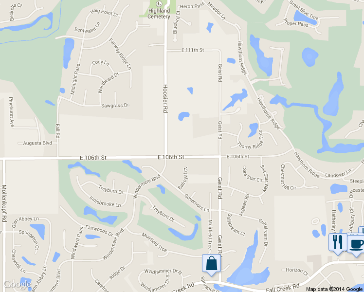 map of restaurants, bars, coffee shops, grocery stores, and more near 11354 E 106th St in Fishers