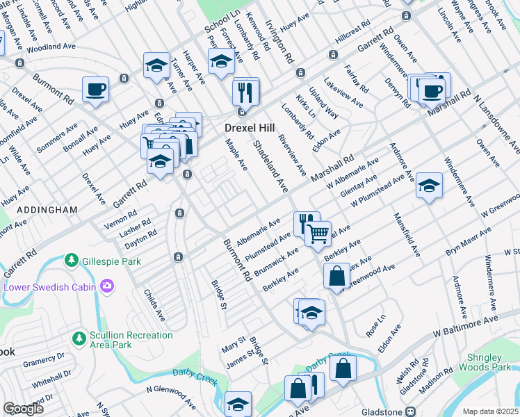 map of restaurants, bars, coffee shops, grocery stores, and more near 3225 Albemarle Avenue in Upper Darby