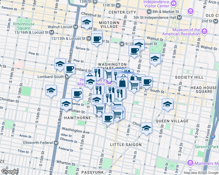 map of restaurants, bars, coffee shops, grocery stores, and more near 622 South Alder Street in Philadelphia
