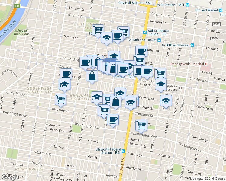 map of restaurants, bars, coffee shops, grocery stores, and more near 731 South 16th Street in Philadelphia