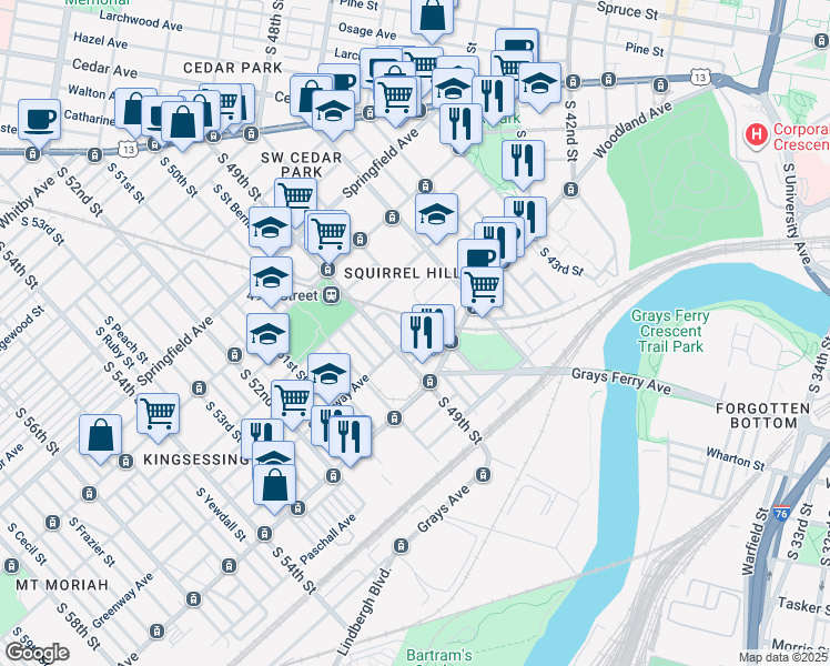 map of restaurants, bars, coffee shops, grocery stores, and more near 1307 Hanson Street in Philadelphia