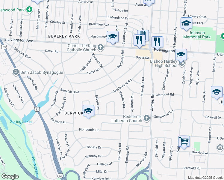 map of restaurants, bars, coffee shops, grocery stores, and more near 2780 Castlewood Road in Columbus