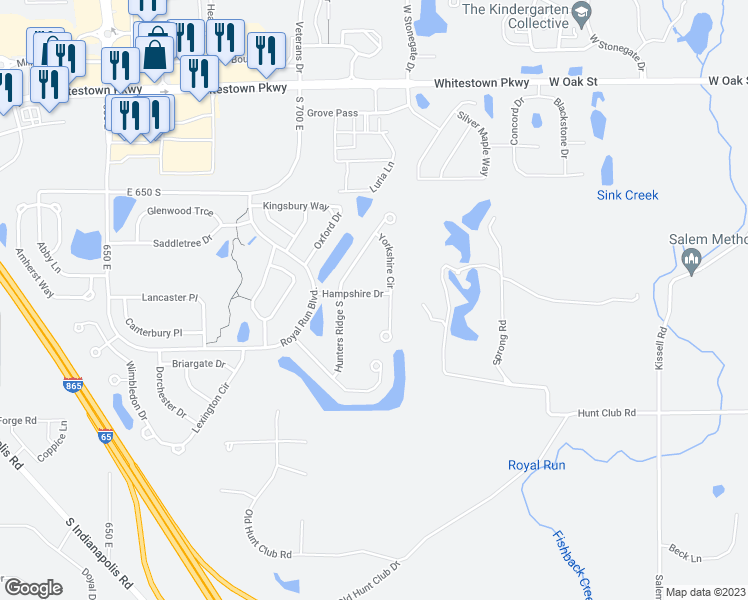 map of restaurants, bars, coffee shops, grocery stores, and more near 6783 Hampshire Drive in Zionsville