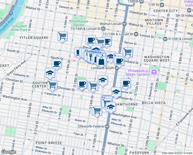 map of restaurants, bars, coffee shops, grocery stores, and more near 731 South 16th Street in Philadelphia