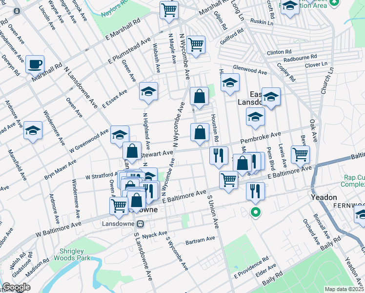 map of restaurants, bars, coffee shops, grocery stores, and more near 99 East Stewart Avenue in Lansdowne