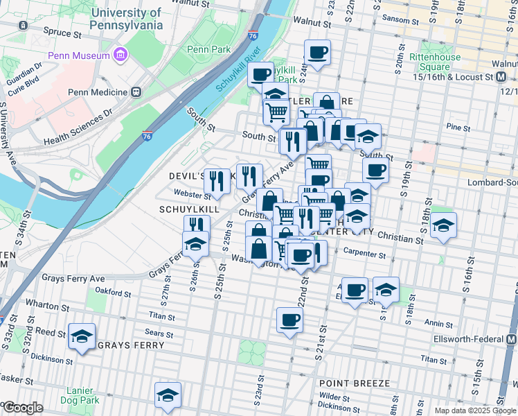 map of restaurants, bars, coffee shops, grocery stores, and more near 2404 Madison Square in Philadelphia
