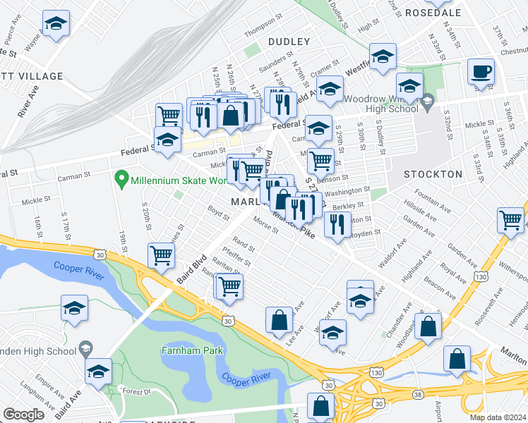 map of restaurants, bars, coffee shops, grocery stores, and more near 324 Morse Street in Camden