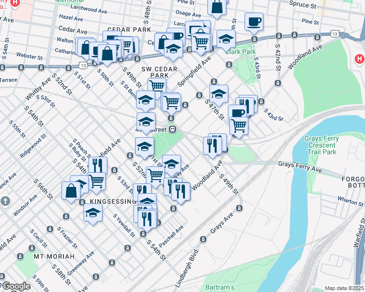 map of restaurants, bars, coffee shops, grocery stores, and more near 1215 South 50th Street in Philadelphia