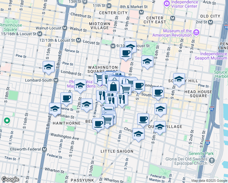 map of restaurants, bars, coffee shops, grocery stores, and more near 604 South 9th Street in Philadelphia