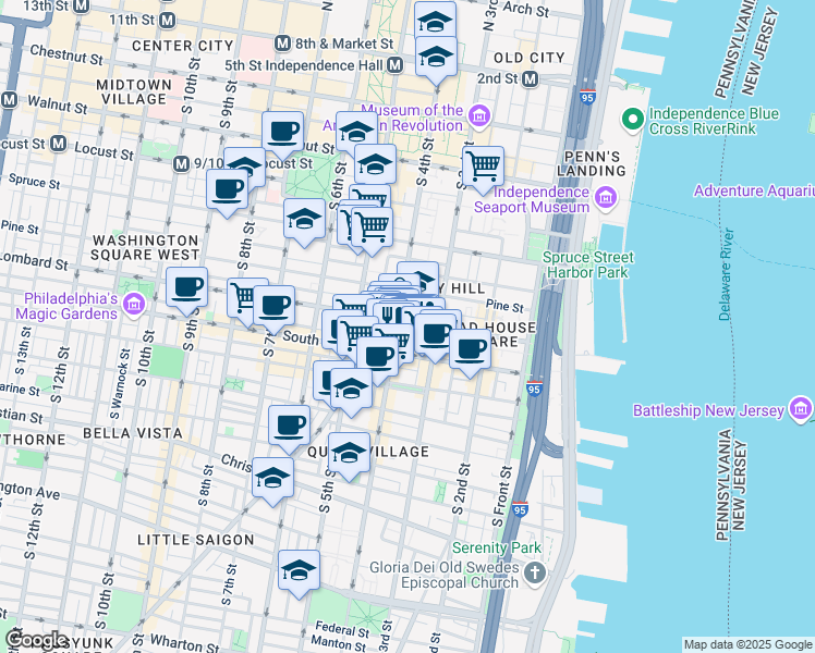 map of restaurants, bars, coffee shops, grocery stores, and more near in Philadelphia
