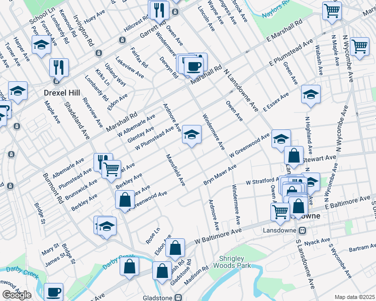 map of restaurants, bars, coffee shops, grocery stores, and more near 182 Berkley Avenue in Lansdowne