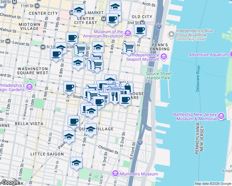 map of restaurants, bars, coffee shops, grocery stores, and more near Lombard St & S 3rd St in Philadelphia