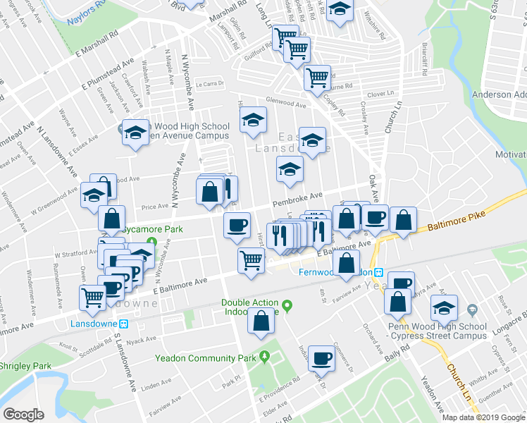 map of restaurants, bars, coffee shops, grocery stores, and more near 408 Pembroke Avenue in Lansdowne