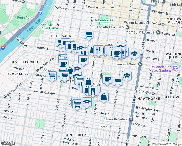 map of restaurants, bars, coffee shops, grocery stores, and more near 746 South 19th Street in Philadelphia