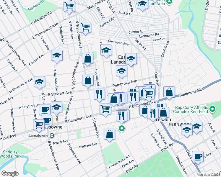 map of restaurants, bars, coffee shops, grocery stores, and more near 408 Pembroke Avenue in Lansdowne