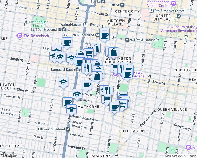map of restaurants, bars, coffee shops, grocery stores, and more near 626 South 12th Street in Philadelphia