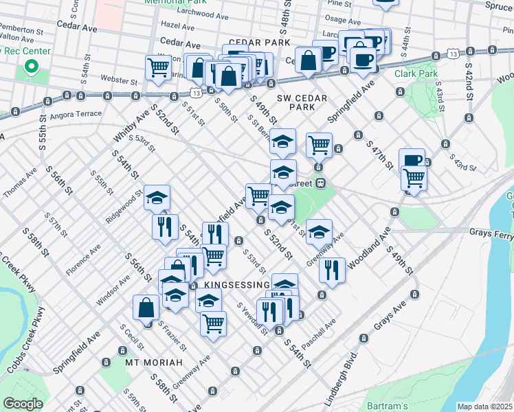 map of restaurants, bars, coffee shops, grocery stores, and more near 1124 South Paxon Street in Philadelphia