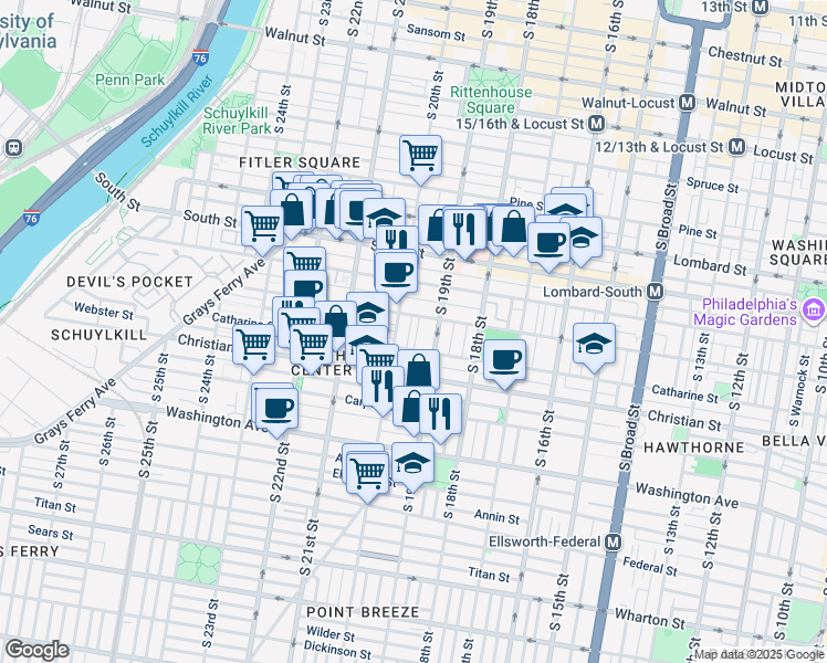 map of restaurants, bars, coffee shops, grocery stores, and more near 746 S Martin St in Philadelphia