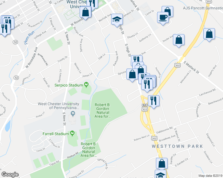 map of restaurants, bars, coffee shops, grocery stores, and more near 902 Sheridan Drive in West Chester
