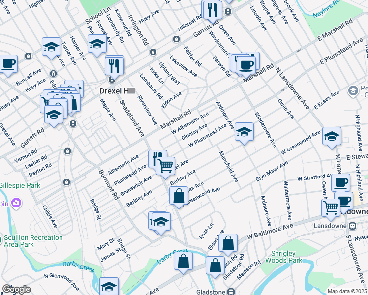 map of restaurants, bars, coffee shops, grocery stores, and more near 229 West Plumstead Avenue in Lansdowne