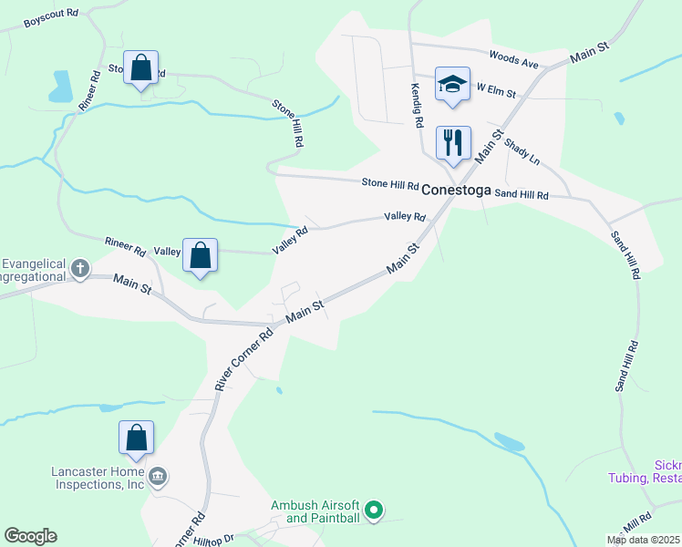 map of restaurants, bars, coffee shops, grocery stores, and more near 3245 Main Street in Conestoga