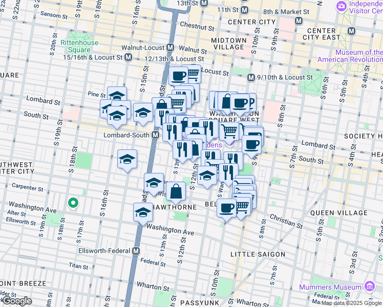 map of restaurants, bars, coffee shops, grocery stores, and more near 1211 Bainbridge Street in Philadelphia