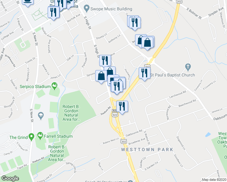 map of restaurants, bars, coffee shops, grocery stores, and more near 927 S High St in West Chester