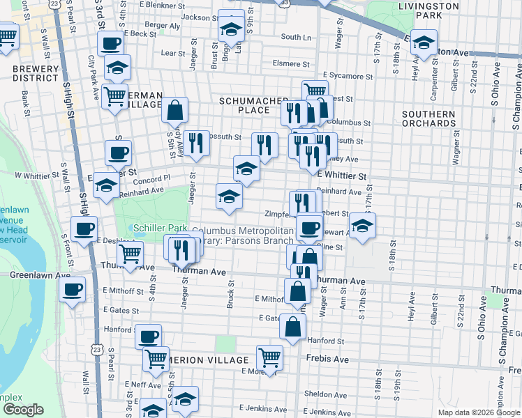 map of restaurants, bars, coffee shops, grocery stores, and more near 397 Zimpfer Street in Columbus