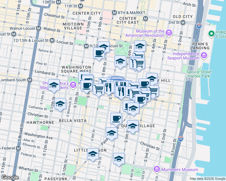 map of restaurants, bars, coffee shops, grocery stores, and more near 622 South Street in Philadelphia