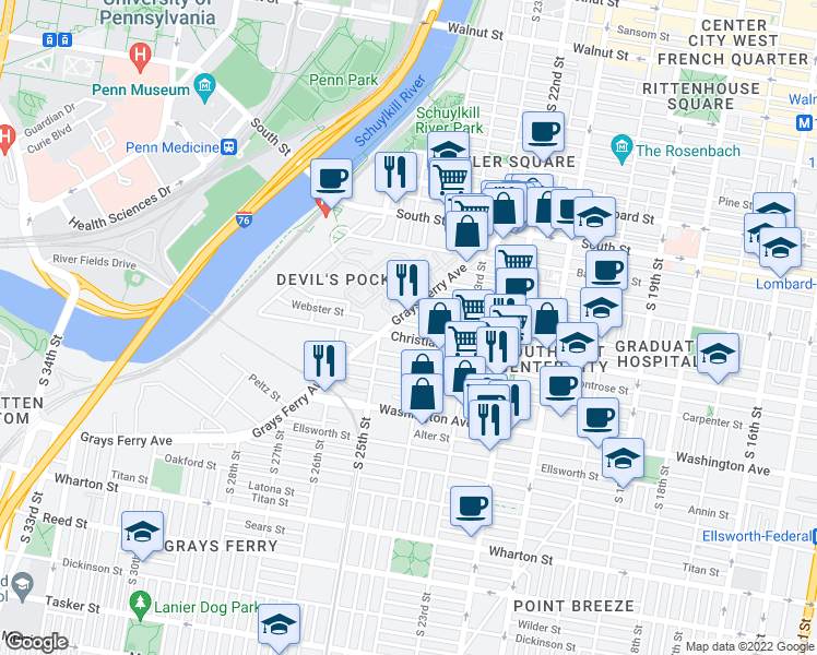 map of restaurants, bars, coffee shops, grocery stores, and more near 2426 Madison Square in Philadelphia