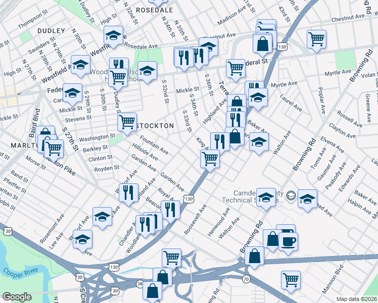 map of restaurants, bars, coffee shops, grocery stores, and more near 6206 Woodland Avenue in Pennsauken Township