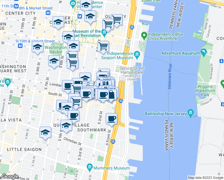 map of restaurants, bars, coffee shops, grocery stores, and more near 410 South Front Street in Philadelphia