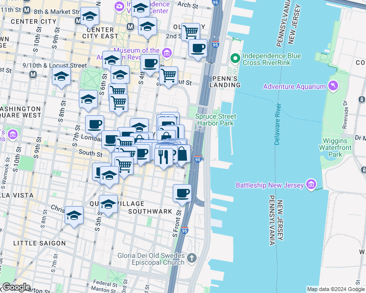 map of restaurants, bars, coffee shops, grocery stores, and more near 410 South Front Street in Philadelphia