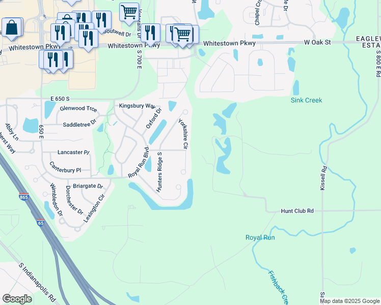 map of restaurants, bars, coffee shops, grocery stores, and more near 6551 Yorkshire Circle in Zionsville