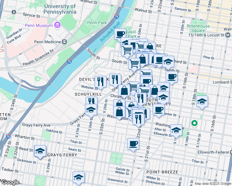 map of restaurants, bars, coffee shops, grocery stores, and more near 2424 Madison Square in Philadelphia