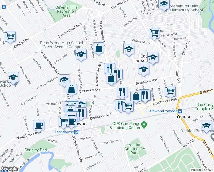 map of restaurants, bars, coffee shops, grocery stores, and more near 113 East Stewart Avenue in Lansdowne