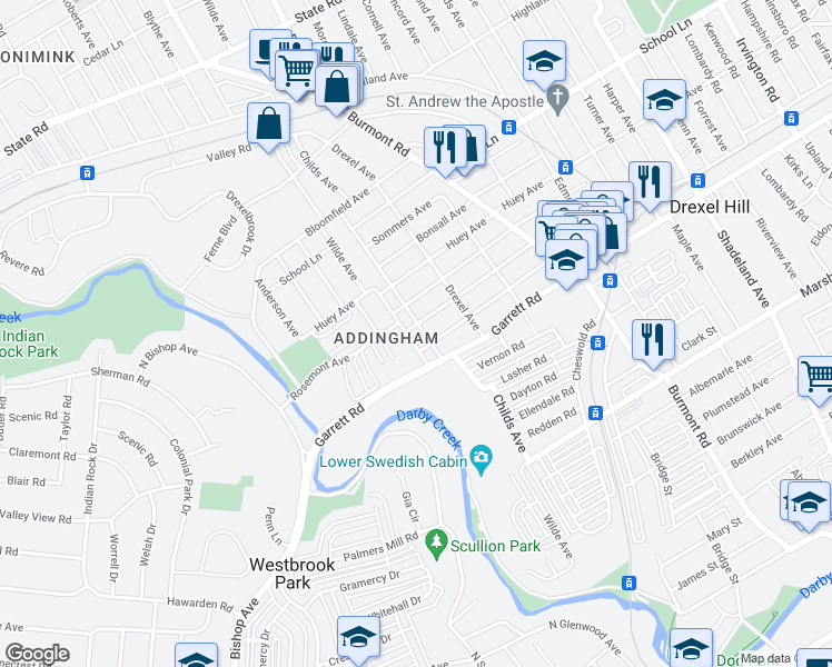 map of restaurants, bars, coffee shops, grocery stores, and more near 4202 Rosemont Avenue in Drexel Hill