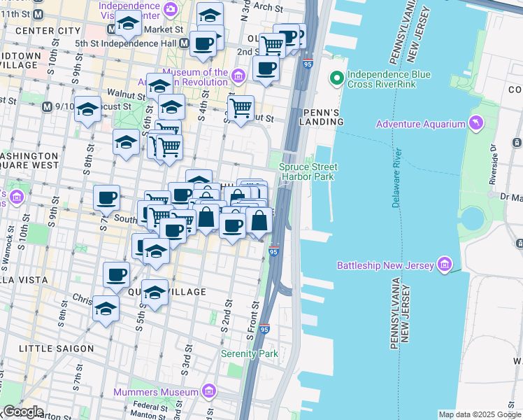 map of restaurants, bars, coffee shops, grocery stores, and more near 410 South Front Street in Philadelphia