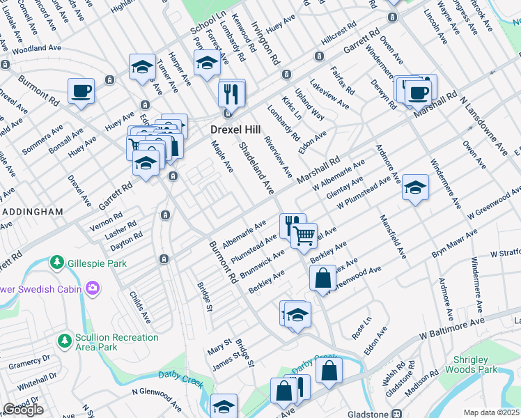 map of restaurants, bars, coffee shops, grocery stores, and more near 3210 Marshall Road in Drexel Hill
