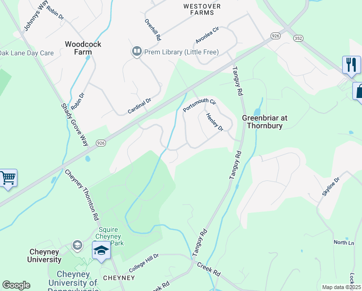 map of restaurants, bars, coffee shops, grocery stores, and more near 78 Wharton Drive in Glen Mills