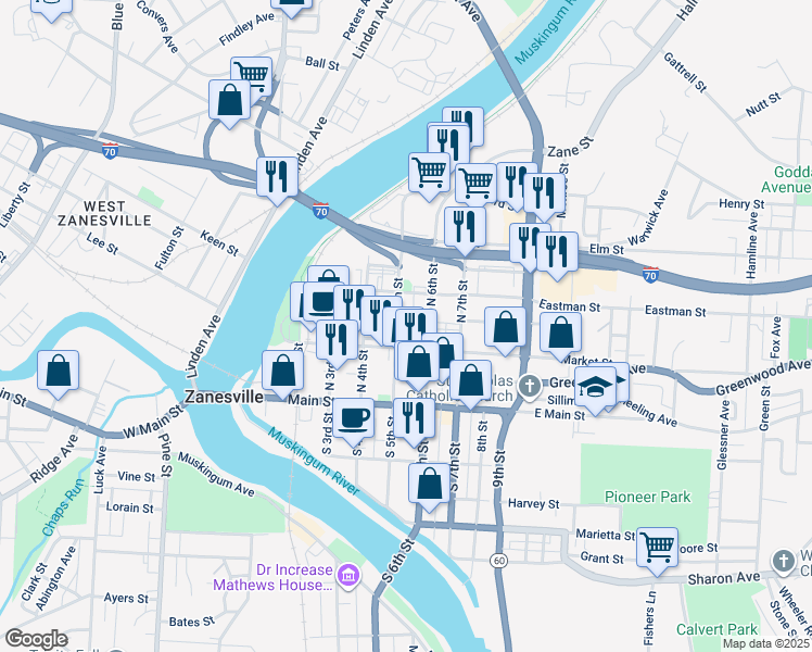 map of restaurants, bars, coffee shops, grocery stores, and more near 130 North 5th Street in Zanesville