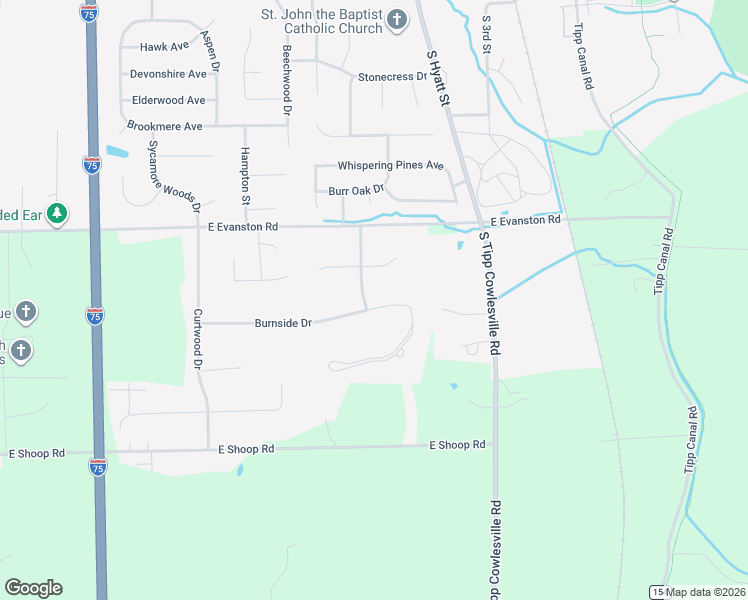 map of restaurants, bars, coffee shops, grocery stores, and more near 595 Burnside Drive in Tipp City