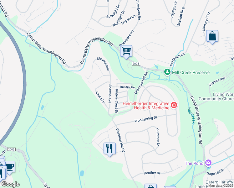 map of restaurants, bars, coffee shops, grocery stores, and more near 2720 Hunters Crest Drive in York