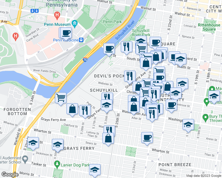 map of restaurants, bars, coffee shops, grocery stores, and more near Christian St & S 26th St in Philadelphia