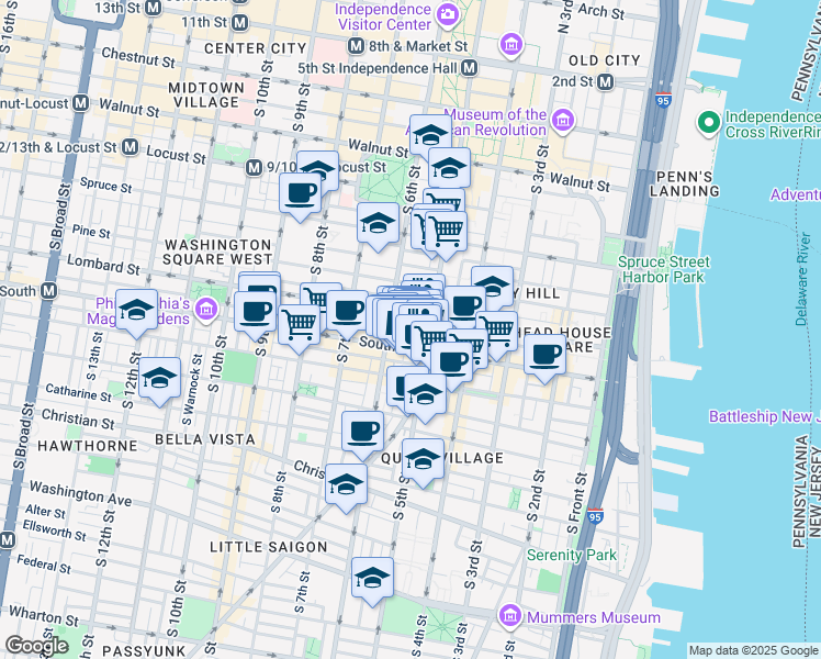 map of restaurants, bars, coffee shops, grocery stores, and more near 517 Randolph Court in Philadelphia