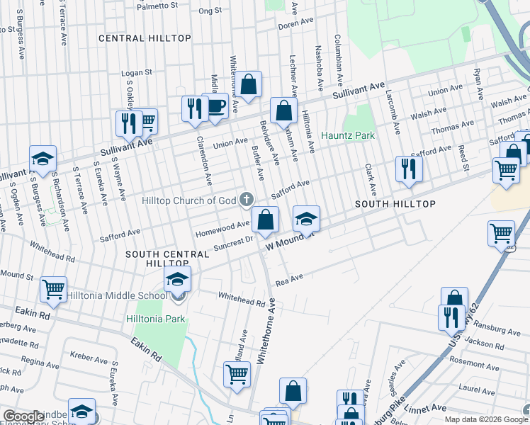 map of restaurants, bars, coffee shops, grocery stores, and more near 664 Whitethorne Avenue in Columbus