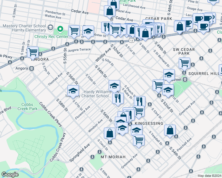 map of restaurants, bars, coffee shops, grocery stores, and more near 5414 Florence Avenue in Philadelphia